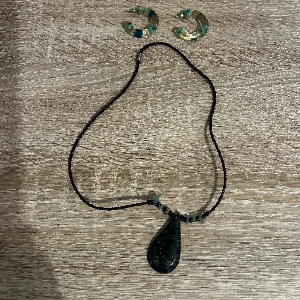 beaded necklace and floral hoops